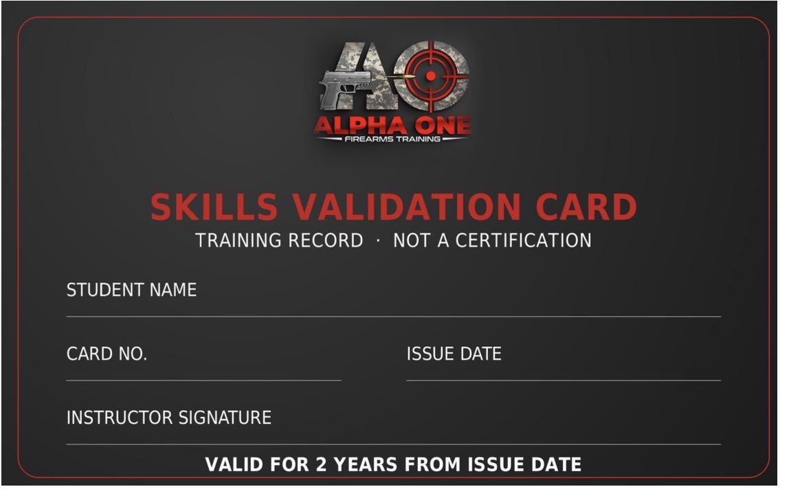 Alpha One Skills Validation Card, front